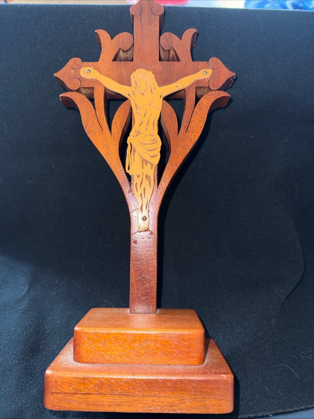 Wood Gold-Tone Crucifix Sculpture Cross 11” tall handmade 1989